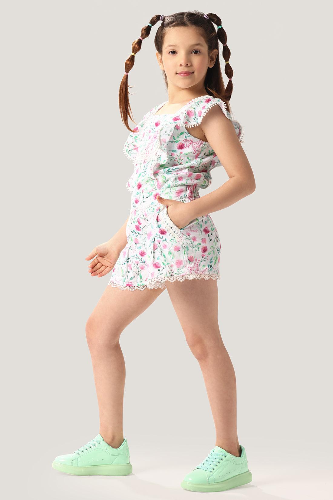 One Friday Kids Girls Bambi Printed Laced Cotton Shorts - One Friday World