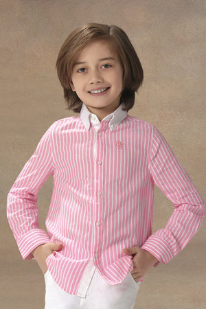 One Friday Boys Pink & White Striped Cotton Shirt