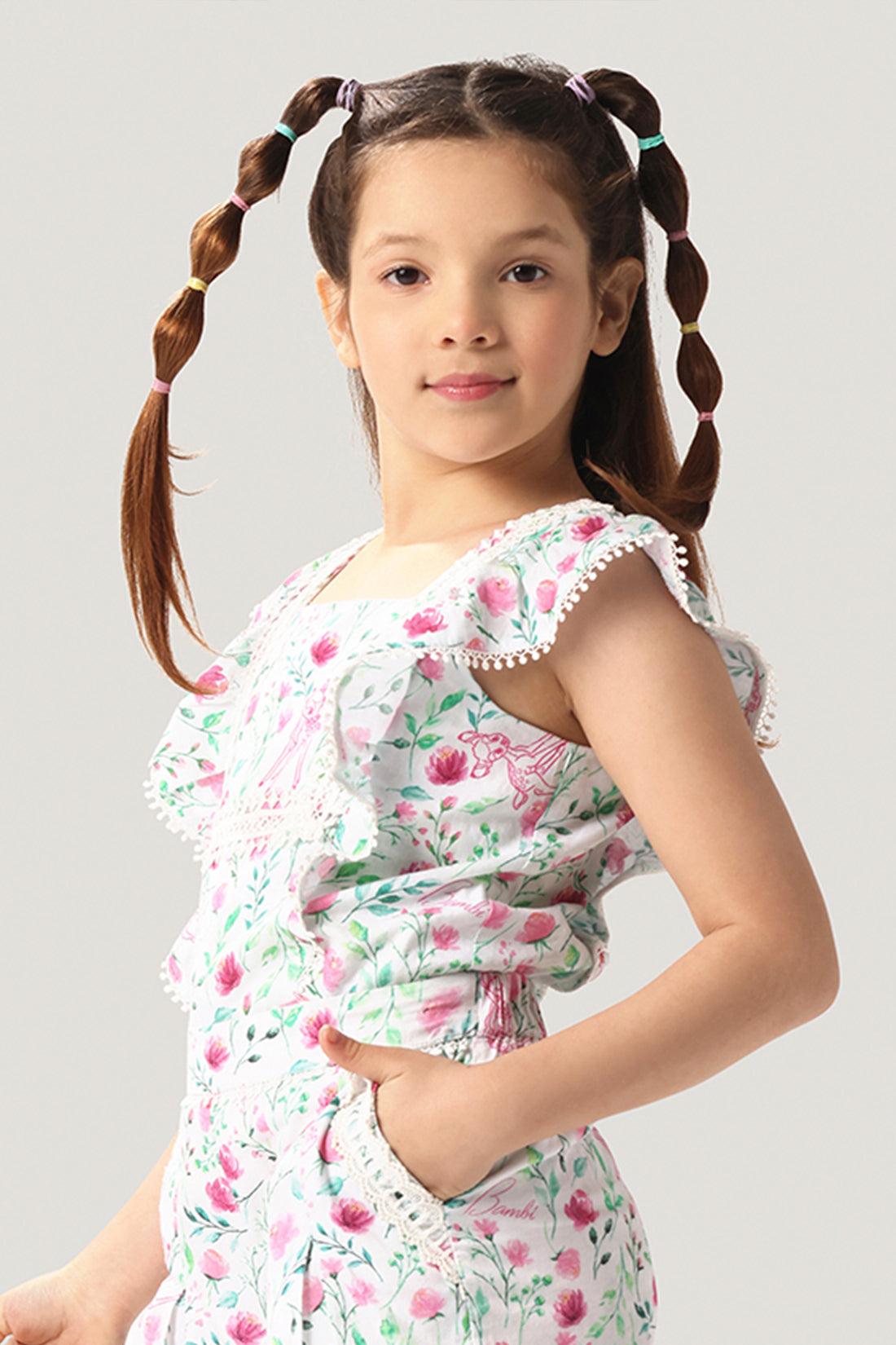 One Friday Kids Girls Bambi Printed Laced Cotton Top - One Friday World