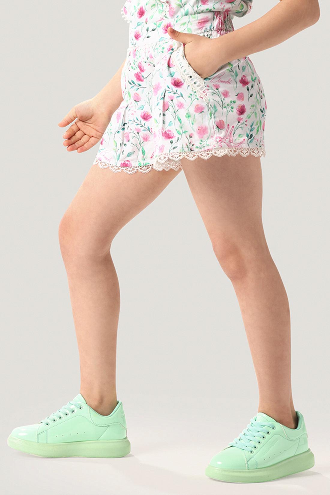 One Friday Kids Girls Bambi Printed Laced Cotton Shorts - One Friday World