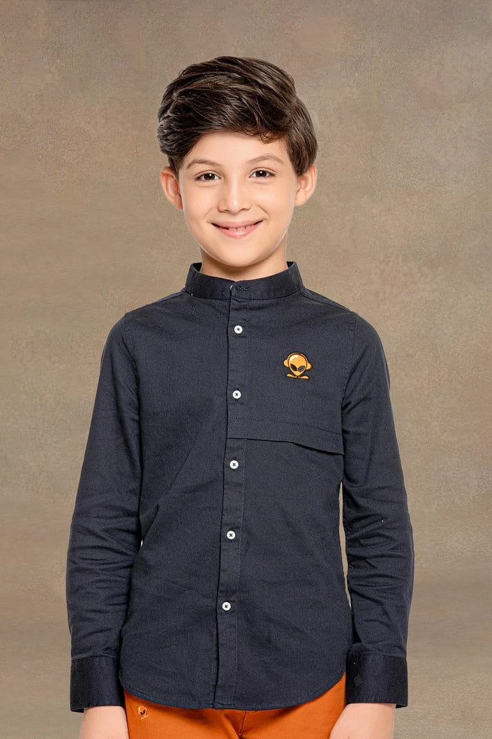 One Friday Kids Boys Navy Blue Mandarin Collared Shirt