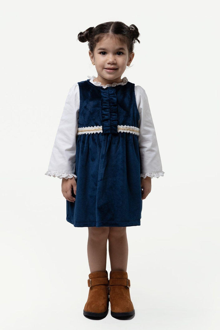 One Friday Baby Girls Navy Blue Round Neck Dress With Top - One Friday World