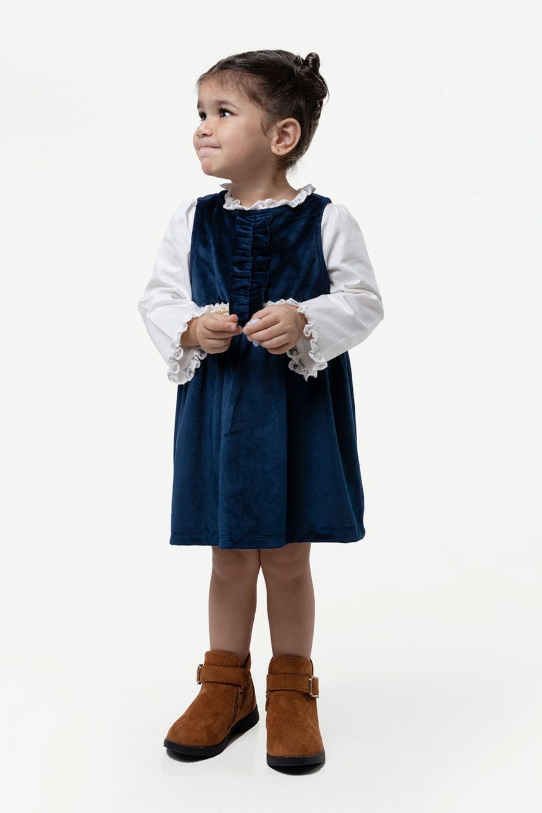 One Friday Baby Girls Navy Blue Round Neck Dress With Top - One Friday World