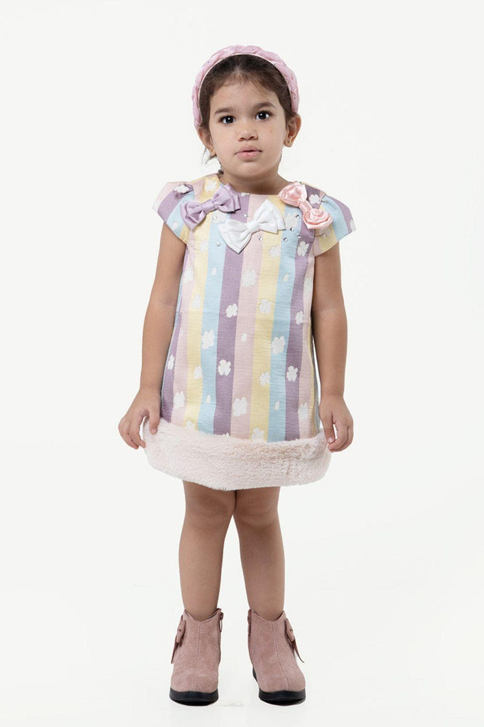 One Friday Varsity Chic Multicolored Stripes and Blooms Dress for Girls - One Friday World