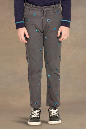 One Friday Kids Boys Grey Alien Embroidered Straight Fit Trouser