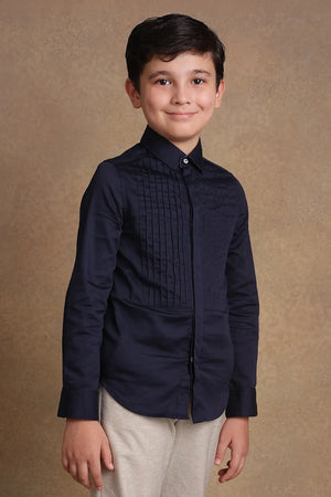 One Friday Kids Boys Navy Blue Pintuck Slim Fit Shirt