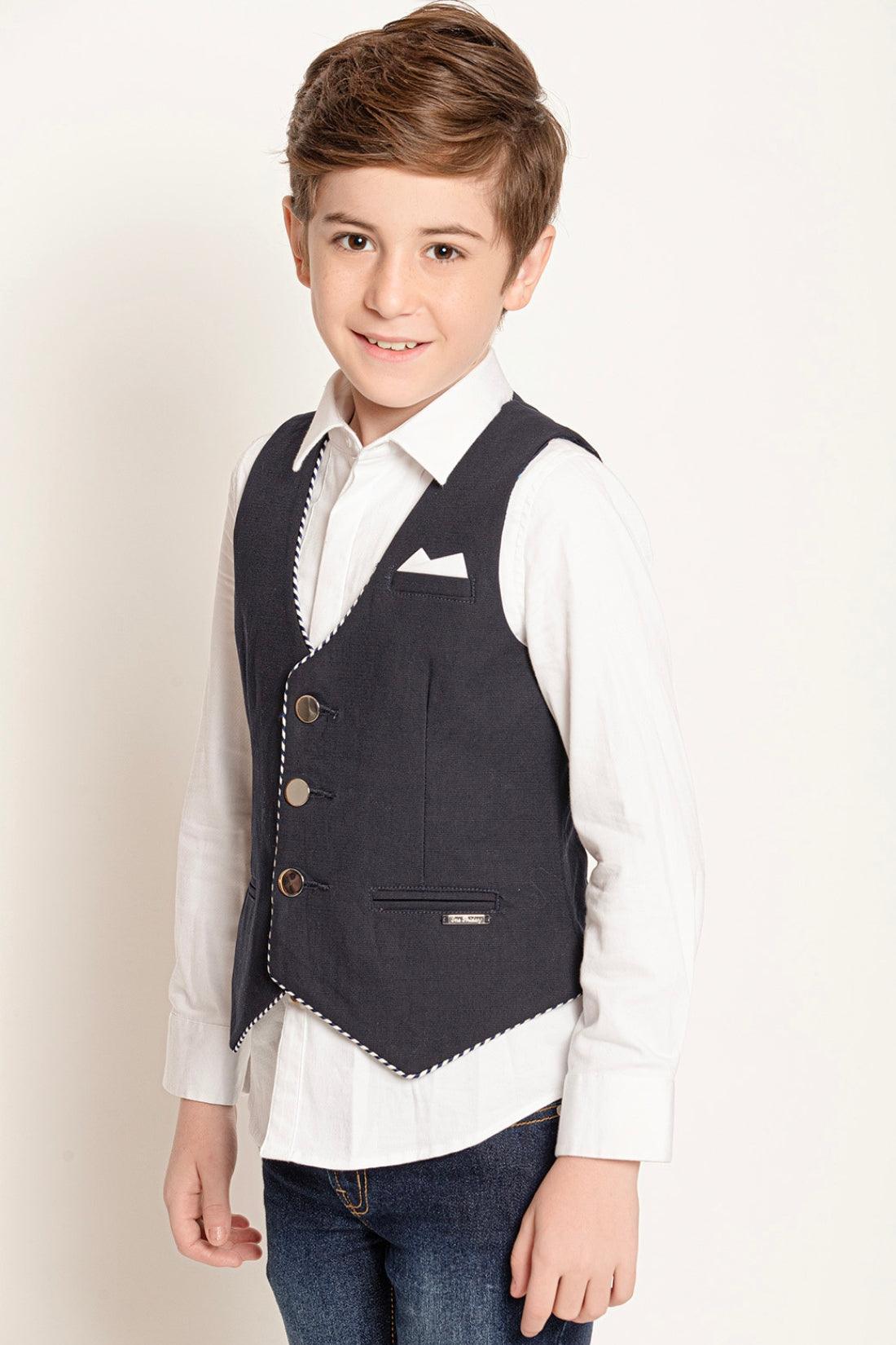 One Friday Kids Boys Navy Blue Solid V-Neck Waist Coat - One Friday World