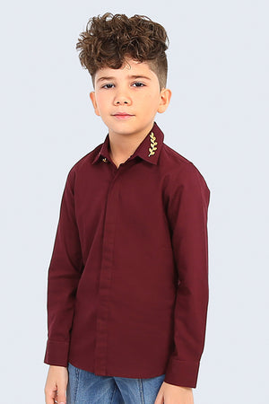 One Friday Kids Boy Burgundy Solid Cotton Woven Shirt