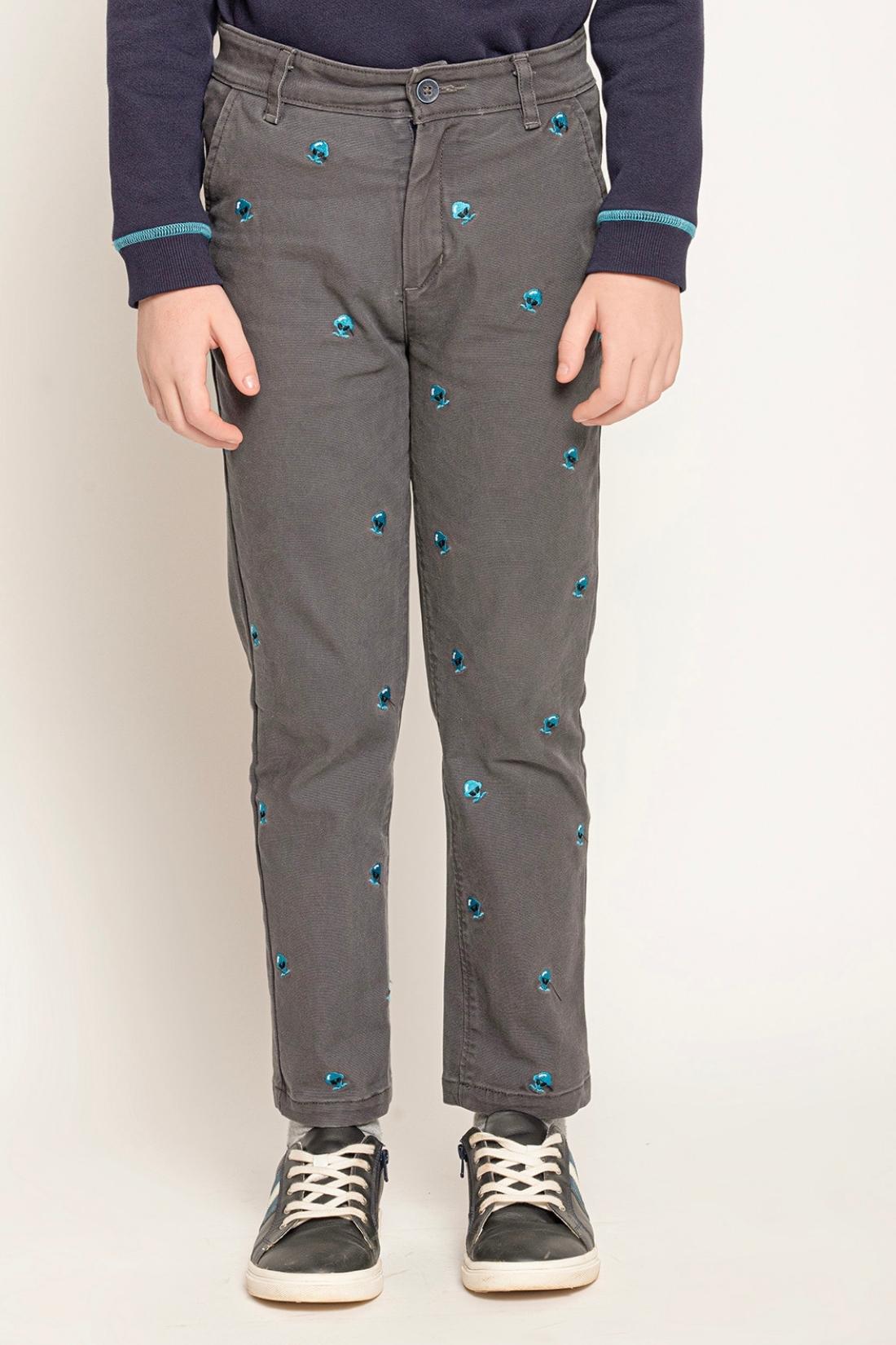 One Friday Kids Boys Grey Alien Embroidered Straight Fit Trouser