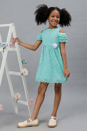 One Friday Girls Mint Lace Fabric Cold-shoulder Dress