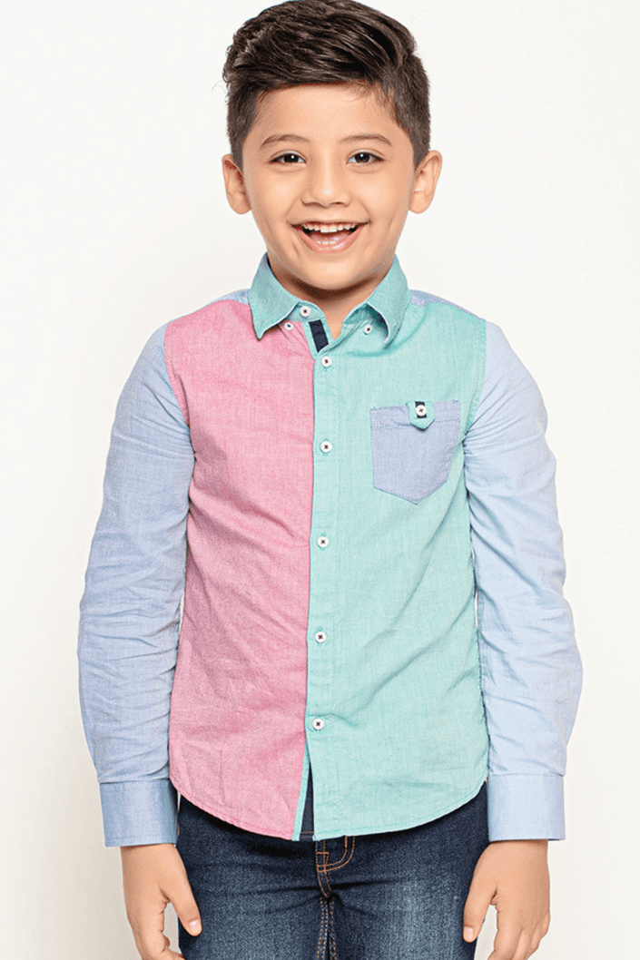 One Friday Varsity Chic Dual-Colored Blue and Pink Full Sleeves Shirt for Boys - One Friday World