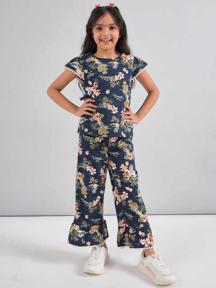 One Friday Kids Girls Navy Blue Printed Night Suit - One Friday World