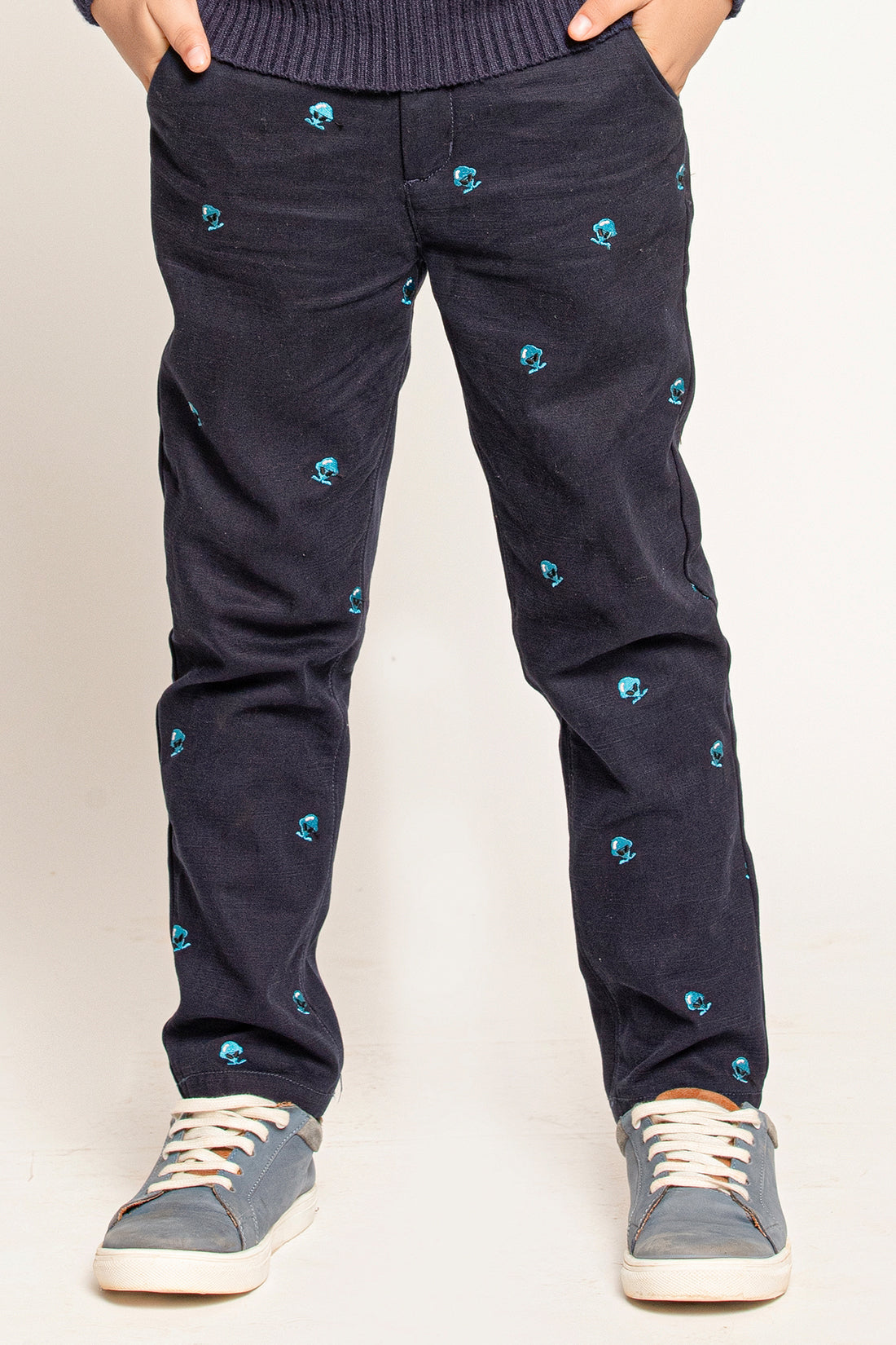 One Friday Kids Boys Navy Blue Alien Embroidered Trouser