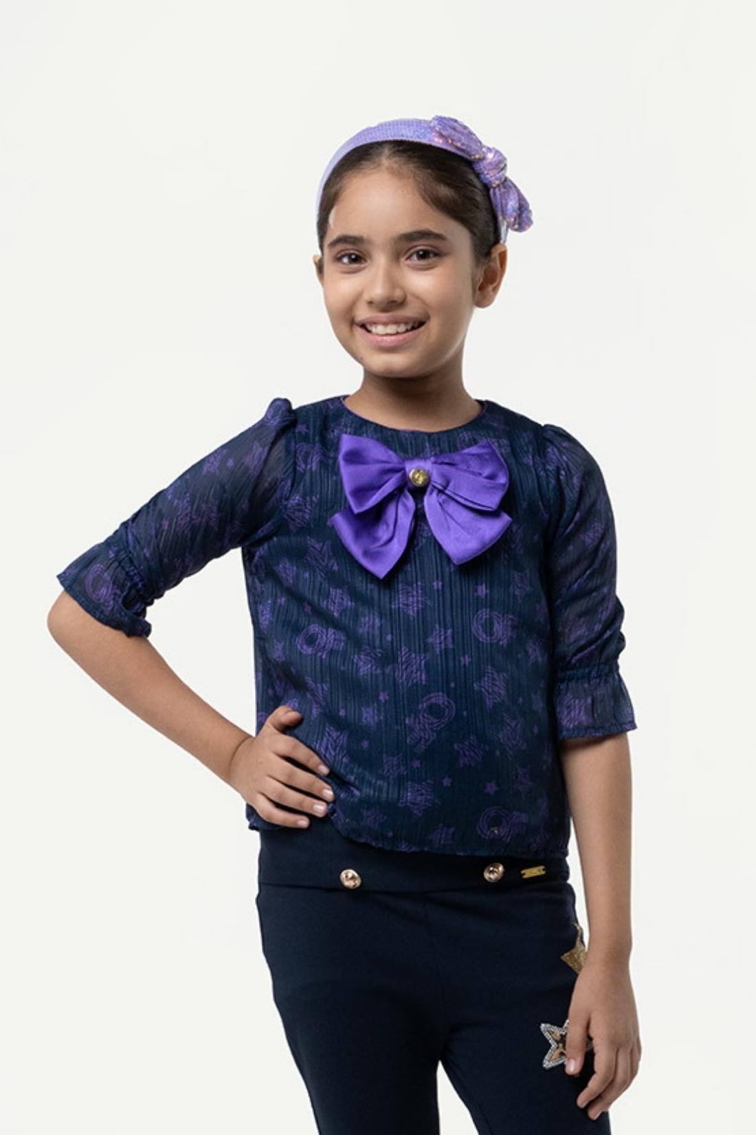 One Friday Kids Girls Navy Blue Star Printed Top With Bow - One Friday World