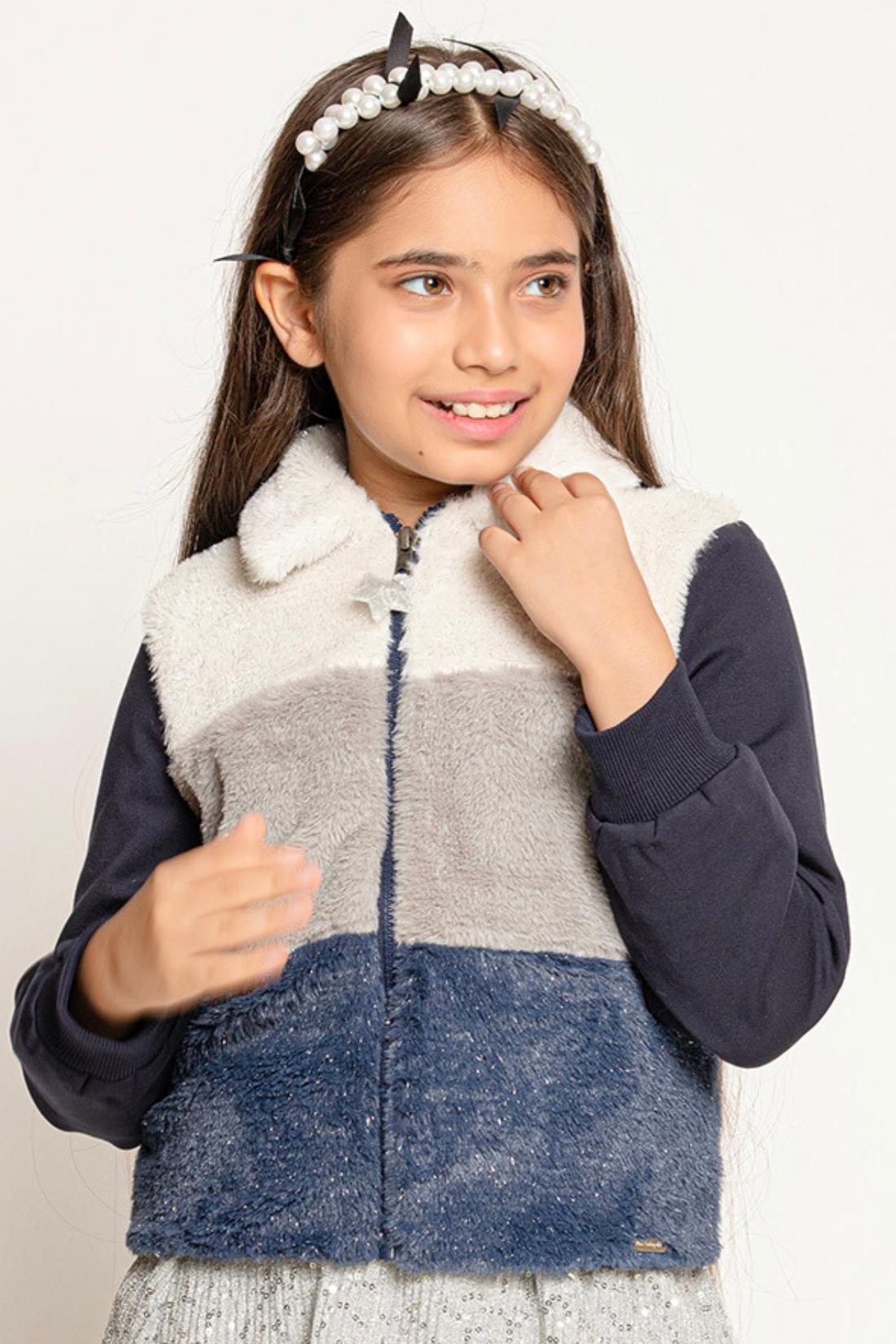 One Friday Kids Girls Navy Blue Shirt Collar Jacket