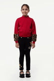 One Friday Kids Girl Red Pullover Sweater with Animal Printed Cuff