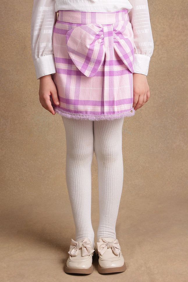 One Friday Kids Girls Pink & Lilac Checkered  Woollen Bow Skirt