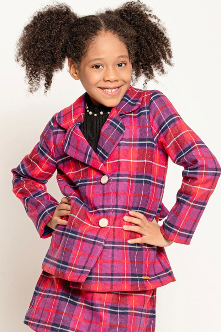 One Friday Kids Girl Purple Check Full Sleeves 2 Button Woven Blazer