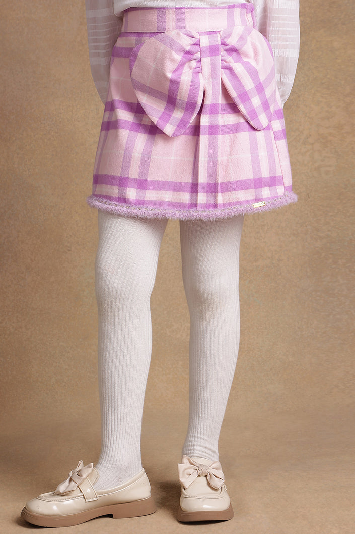 One Friday Kids Girls Pink & Lilac Checkered  Woollen Bow Skirt