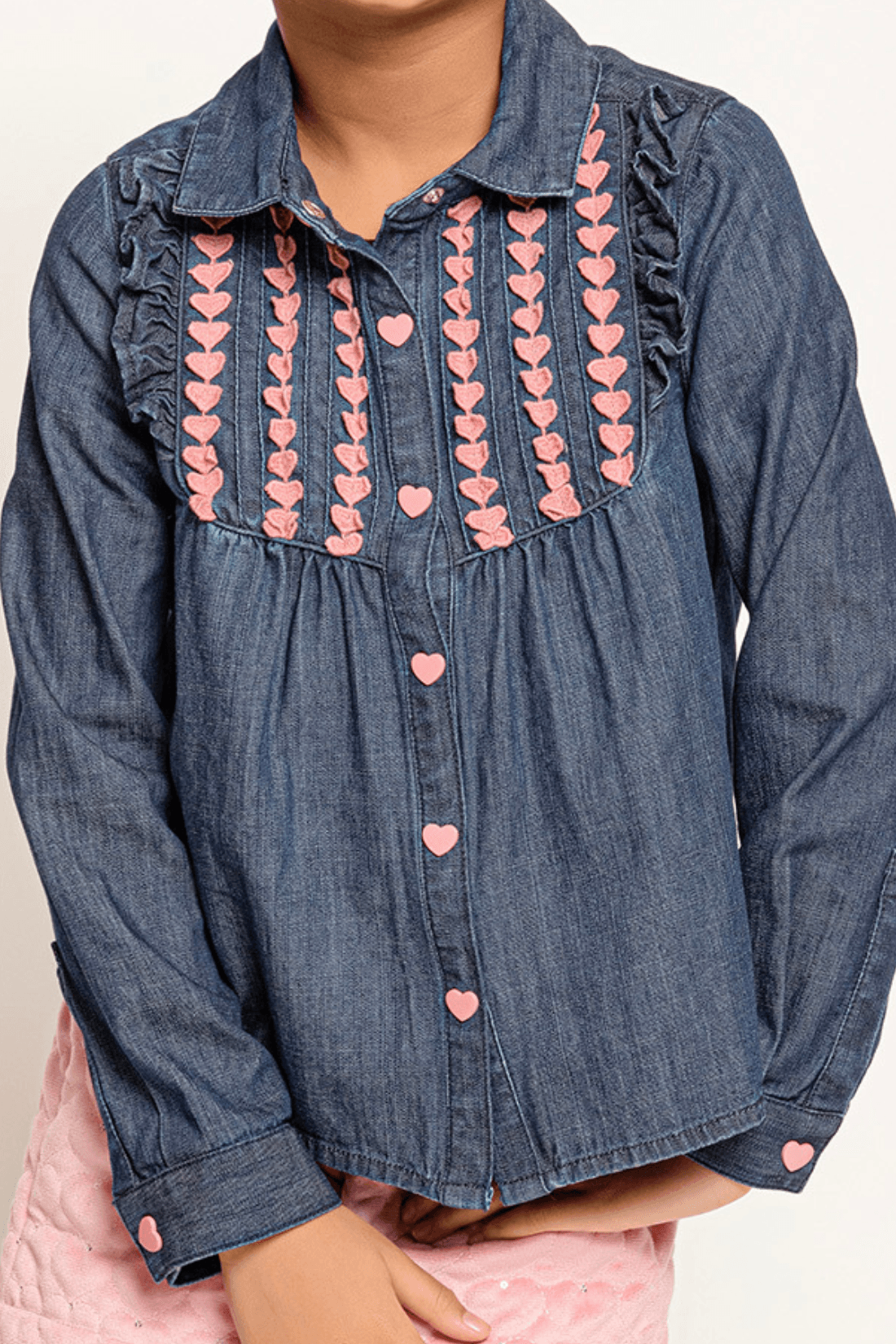 One Friday Varsity Chic Blue Shirt with Pink Hearts for Girls - One Friday World