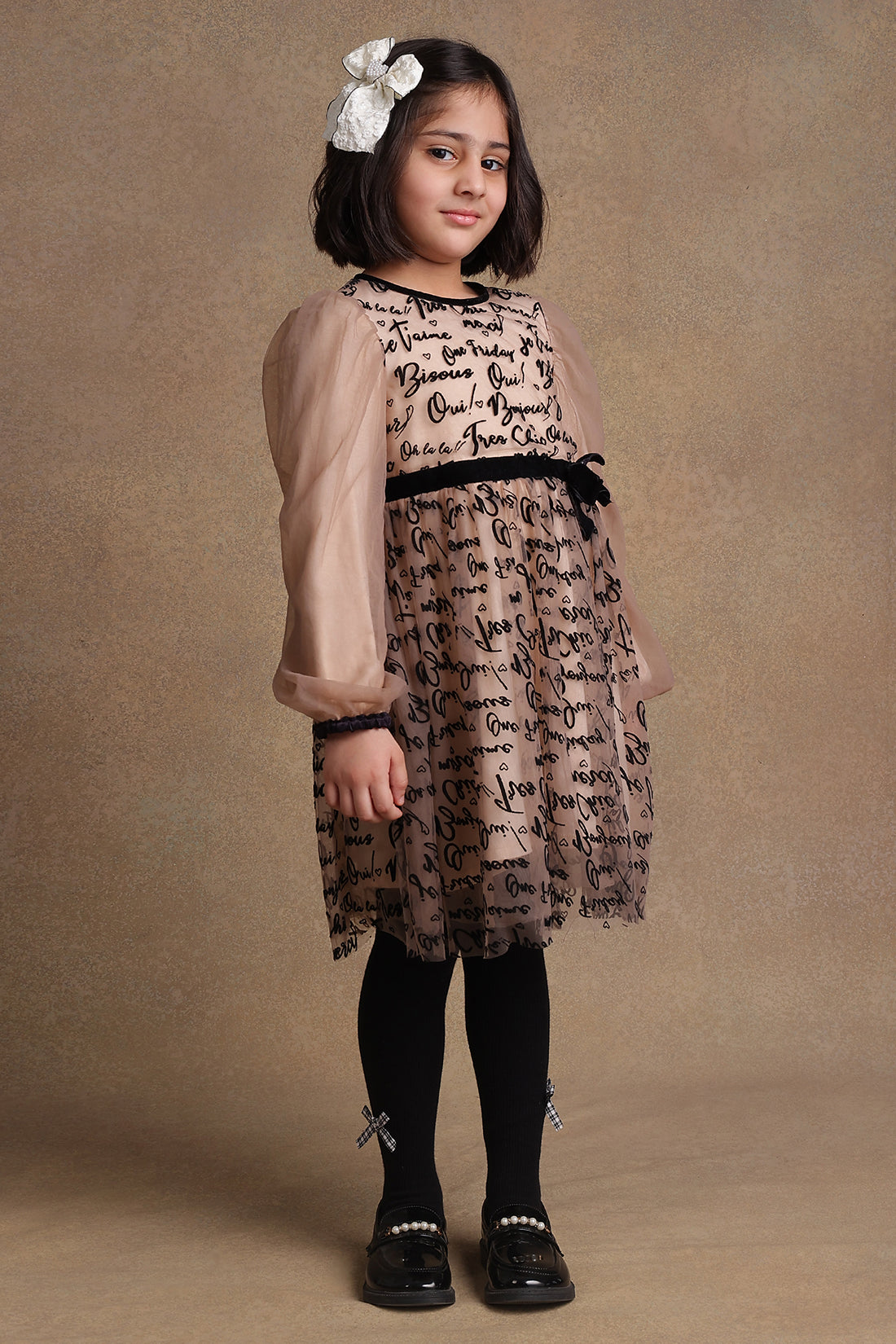 One Friday Kids Girls Beige Writing Print Dress