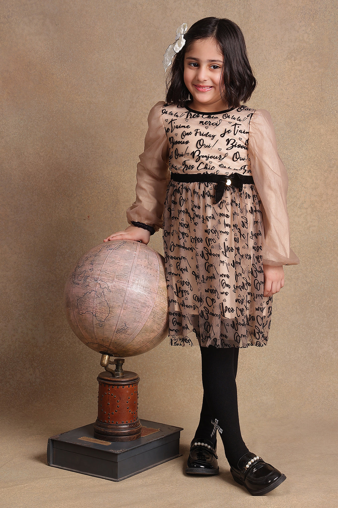 One Friday Kids Girls Beige Text Print Dress