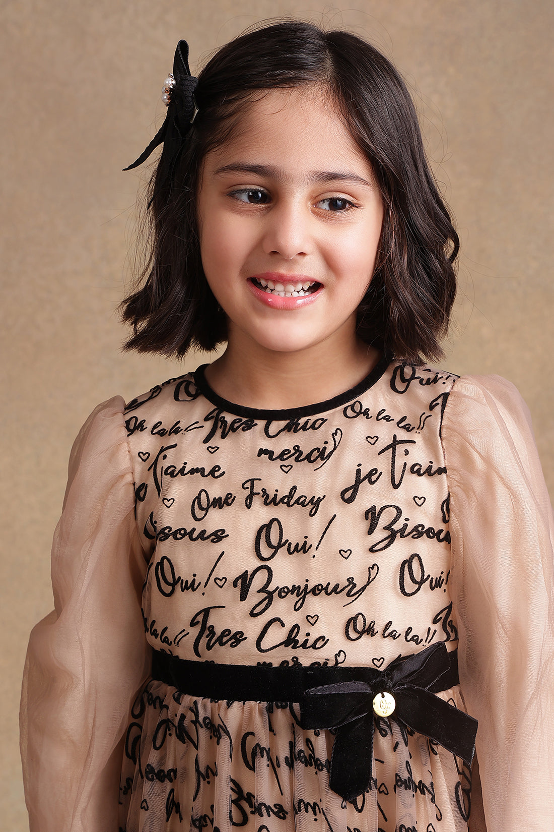 One Friday Kids Girls Beige Writing Print Dress