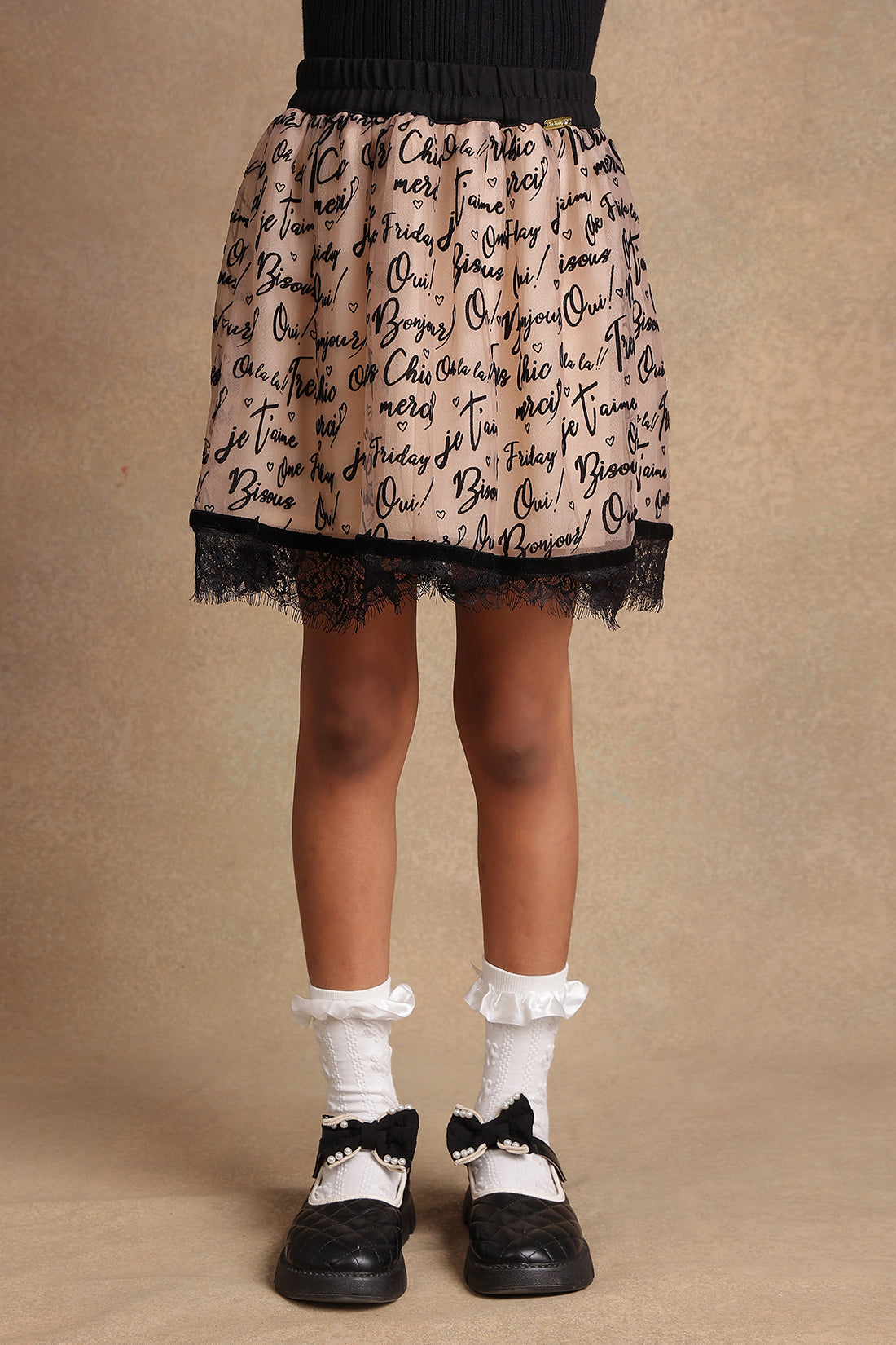 One Friday Kids Girls Beige Writing Print Skirt