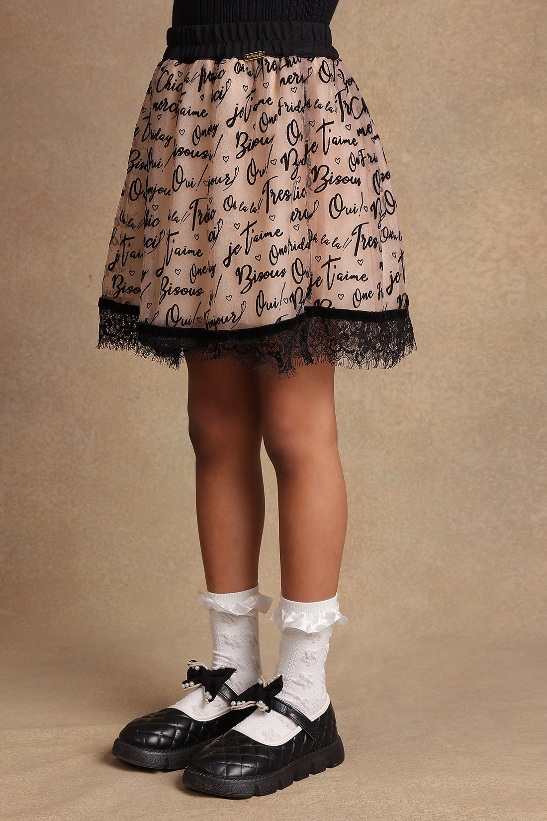 One Friday Kids Girls Beige Writing Print Skirt