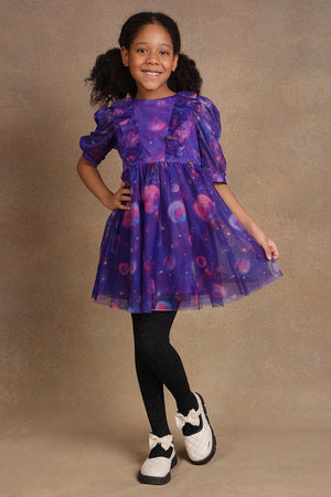 One Friday Kids Girls Purple Cosmic Theme Dress