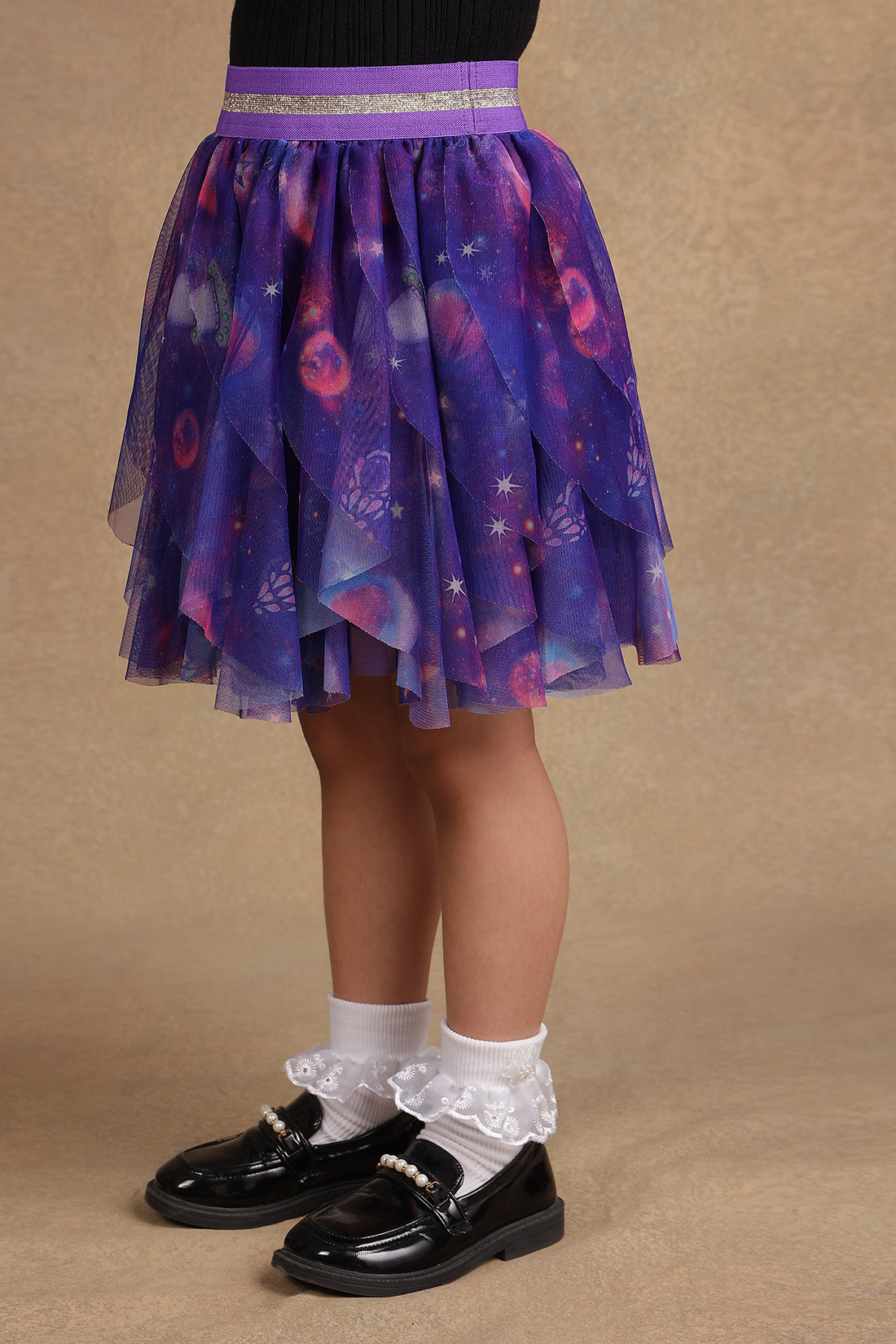 One Friday Kids Girls Purple Cosmic Print Multilayered Skirt