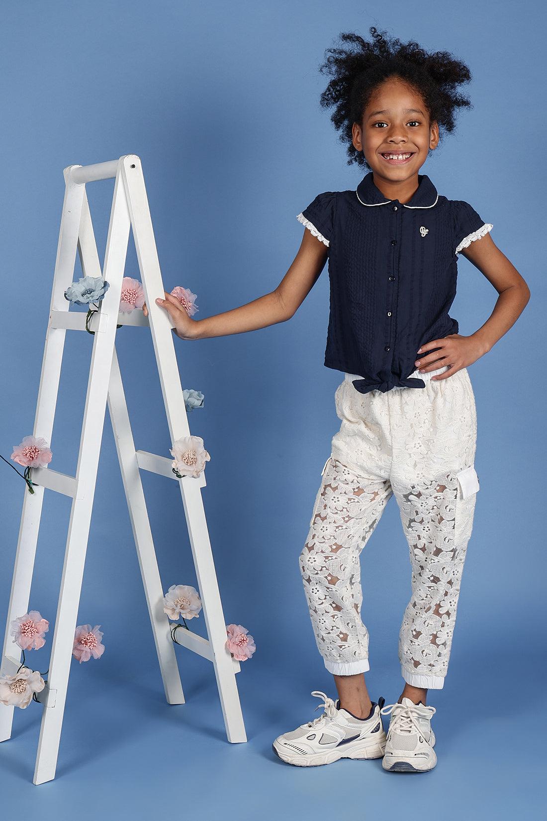 One Friday Kids Girls Off White Cotton Laced Jogger - One Friday World