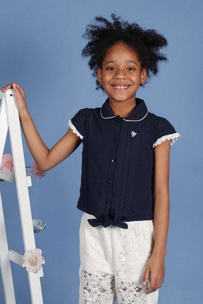 One Friday Kids Girls Navy Blue Cotton Cap Sleeves Top with Edge Lace - One Friday World