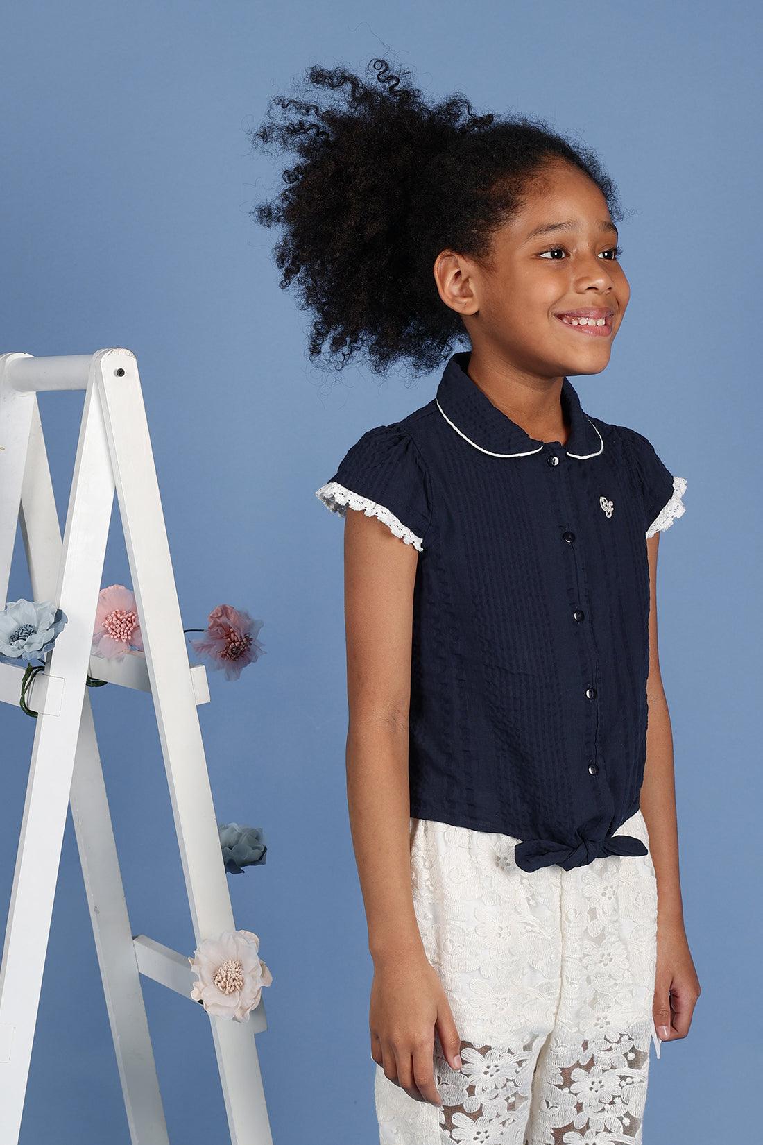 One Friday Kids Girls Navy Blue Cotton Cap Sleeves Top with Edge Lace - One Friday World