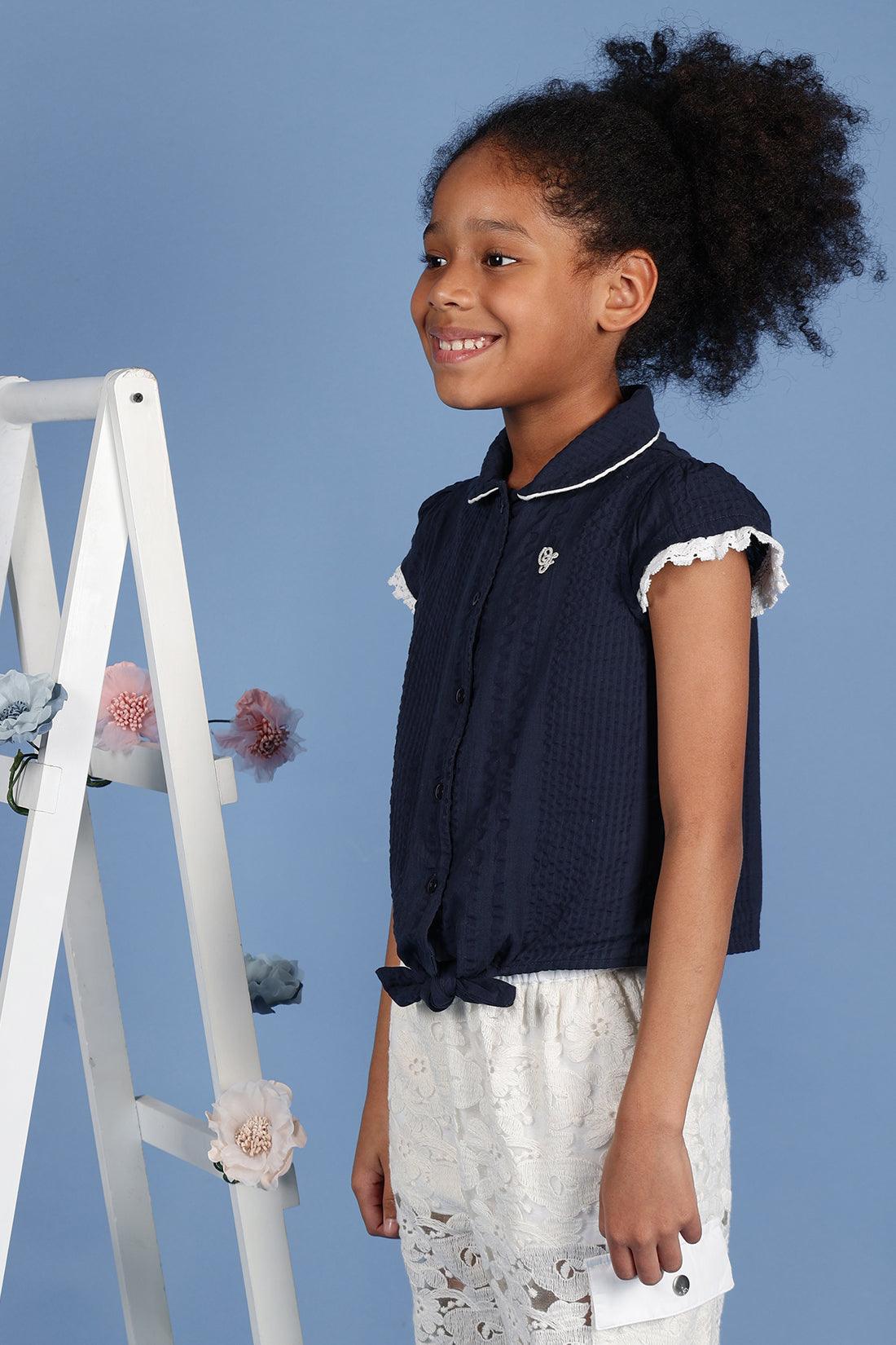 One Friday Kids Girls Navy Blue Cotton Cap Sleeves Top with Edge Lace - One Friday World