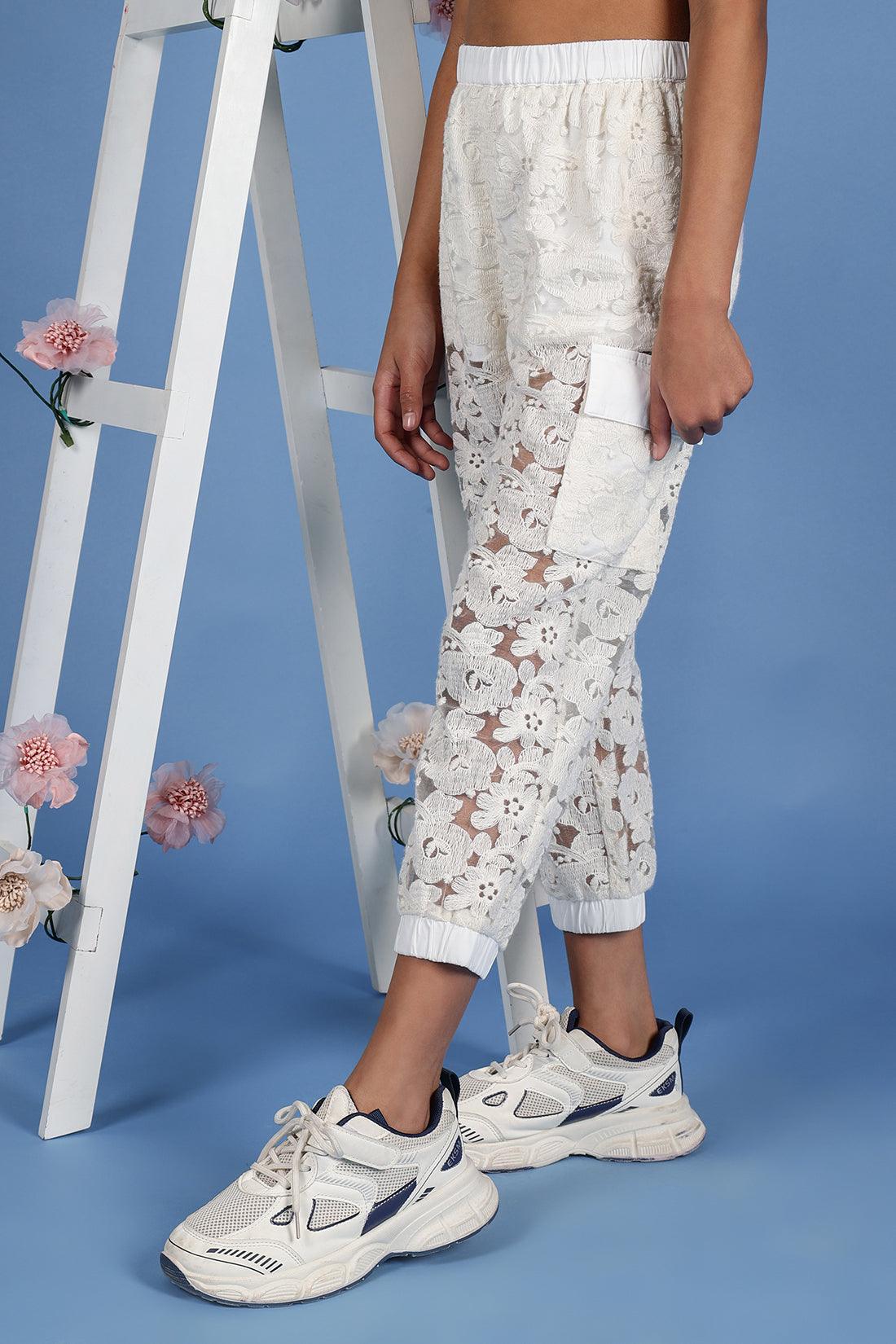 One Friday Kids Girls Off White Cotton Laced Jogger - One Friday World