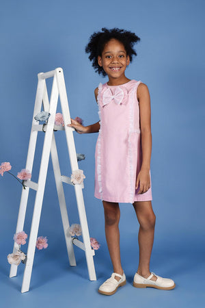 One Friday Kids Girls Pink Cotton Sleeveless Dress With Frills & Bow - One Friday World