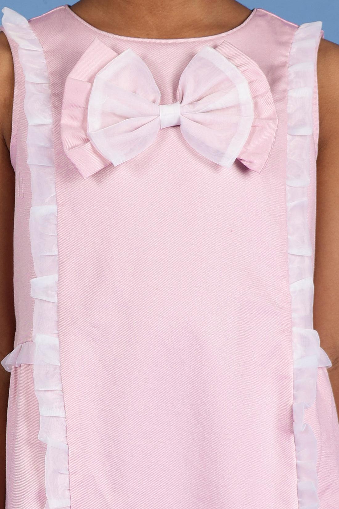 One Friday Kids Girls Pink Cotton Sleeveless Dress With Frills & Bow - One Friday World