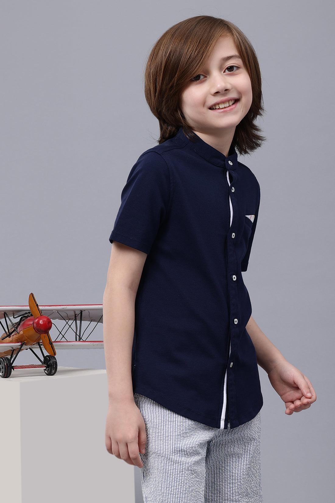 One Friday Kids Boys Navy Blue Cotton Chinese Collar Shirt - One Friday World