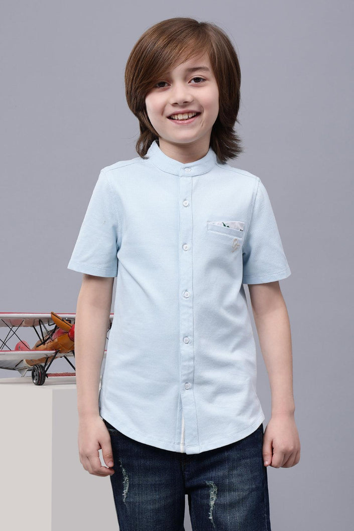 One Friday Kids Boys Blue Cotton Chinese Collar Shirt - One Friday World