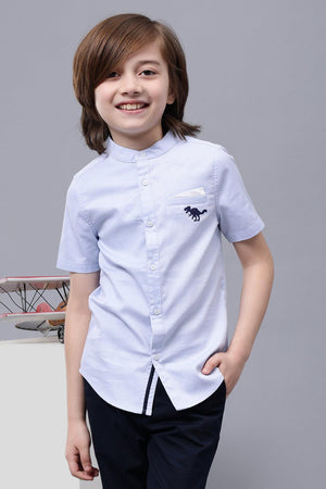 One Friday Kids Boys Blue Cotton Mandarin Collar Shirt - One Friday World