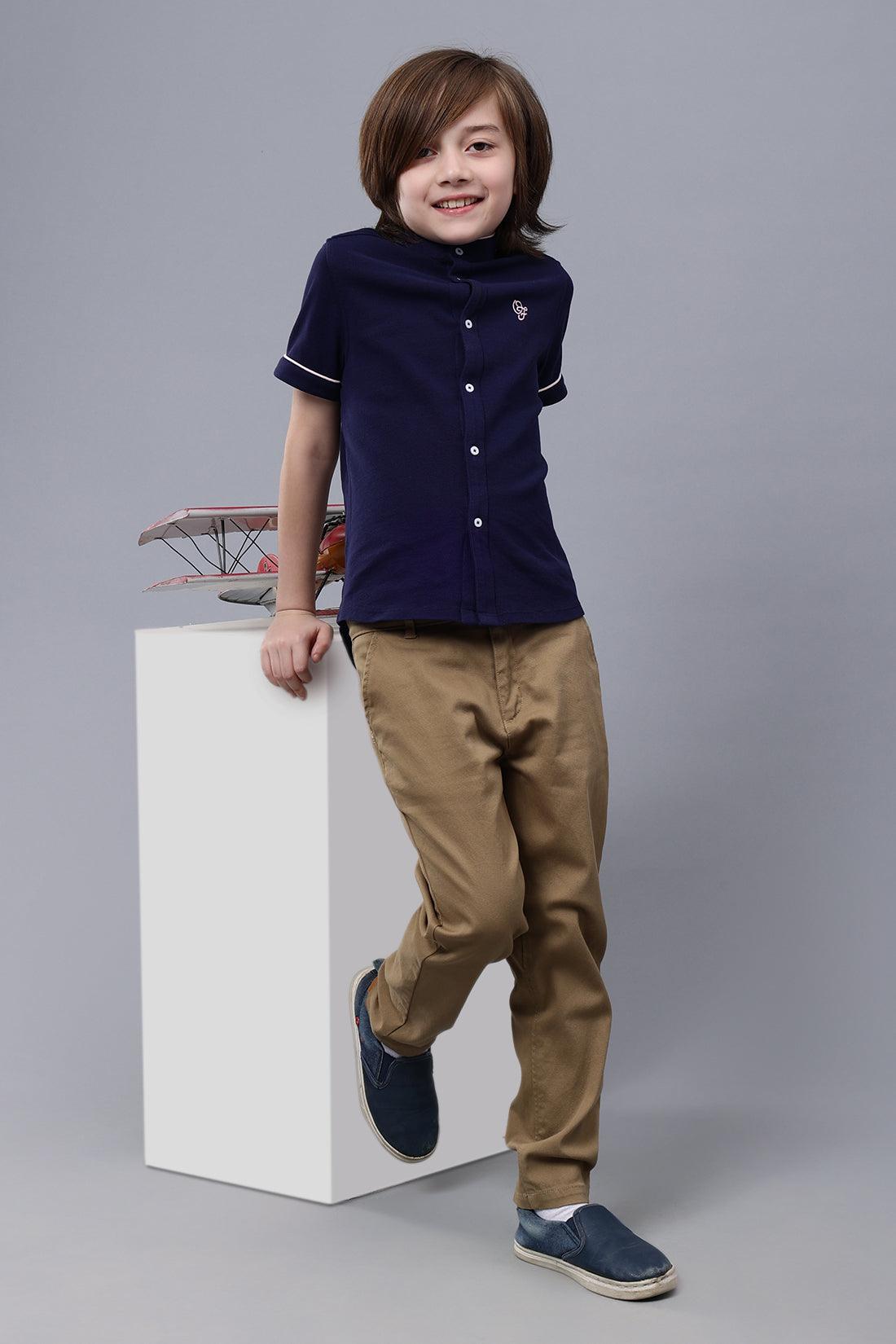 One Friday Kids Boys Navy Blue Mandarin Collar Shirt - One Friday World