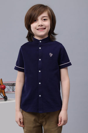 One Friday Kids Boys Navy Blue Mandarin Collar Shirt - One Friday World