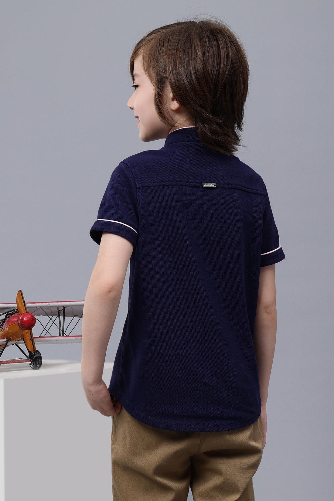 One Friday Kids Boys Navy Blue Mandarin Collar Shirt - One Friday World