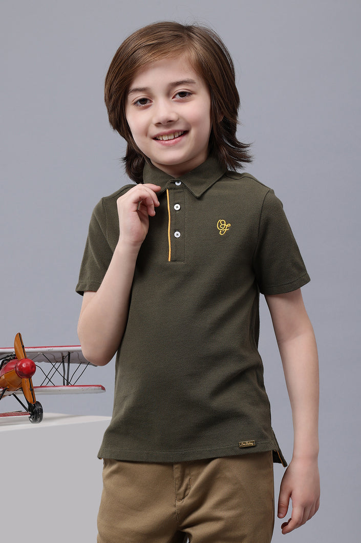 One Friday Kids Boys Olive Green Polo-Neck T-Shirt