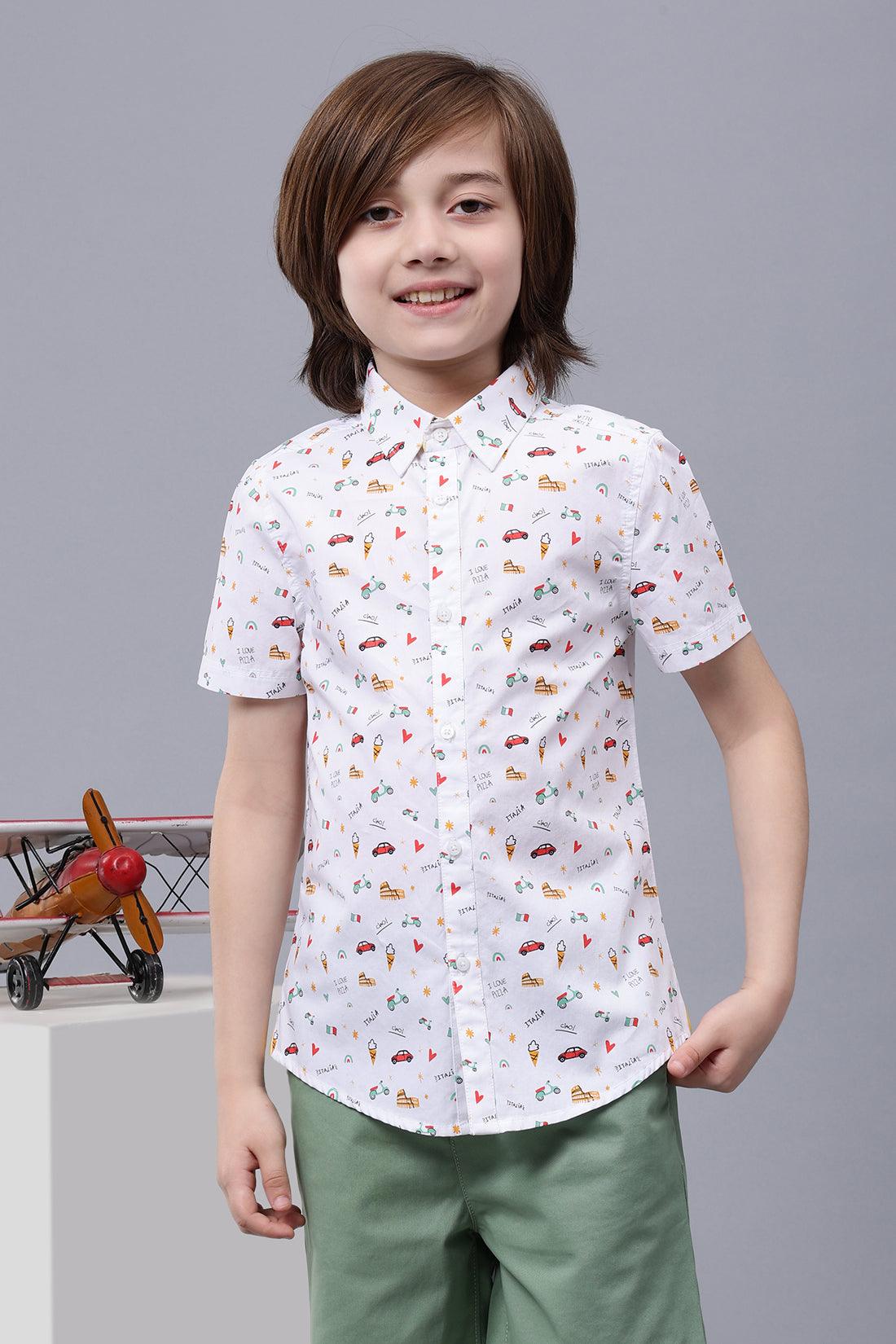 One Friday Kids Boys Fun Doodle Printed Cotton White Shirt - One Friday World