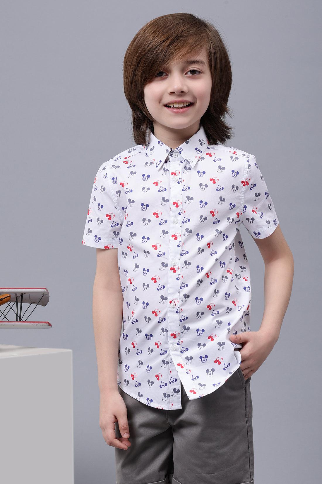 One Friday Kids Boys Mickey Printed White Cotton Shirt - One Friday World