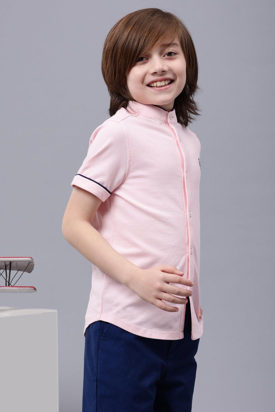 One Friday Kids Boys Pink Mandarin Collar Cotton Shirt - One Friday World