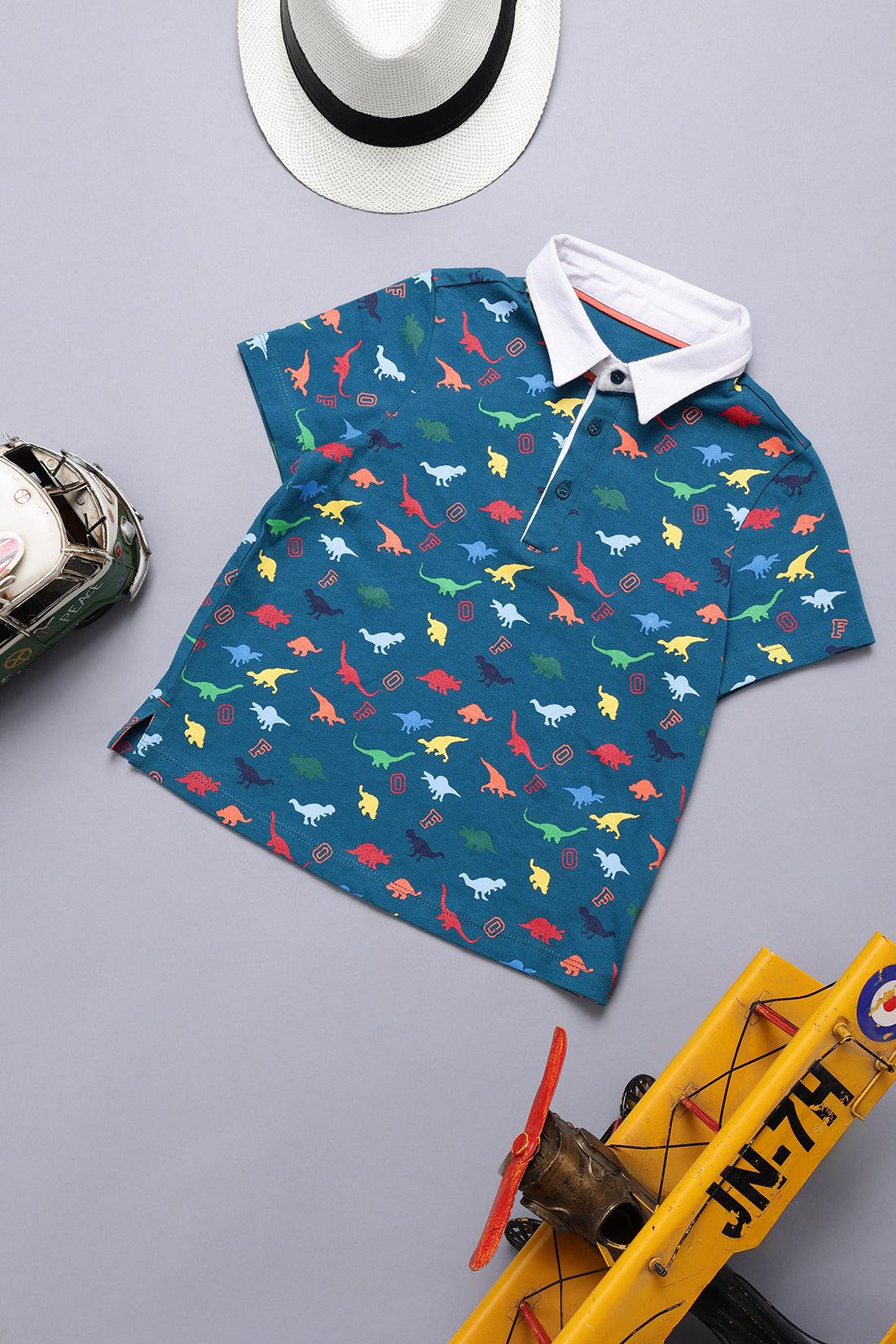 One Friday Baby Boys Blue Cotton Polo Neck Dino T-shirt - One Friday World