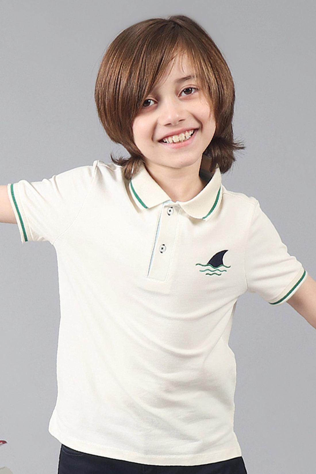 One Friday Kids Boys White Stretchable Polo Tee with Embroidery - One Friday World